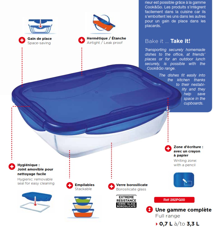 Cook&Go Recipient pătrat de depozitare din sticlă cu capac, Pyrex 2 PLATOU